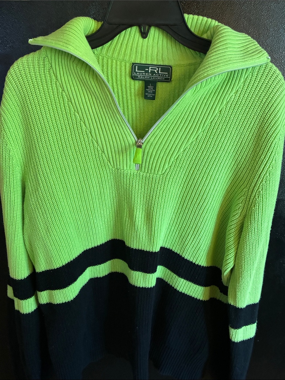 L-RL Lauren Active Neon Green & Black Half-Zip V-Neck Sweater L Cotton